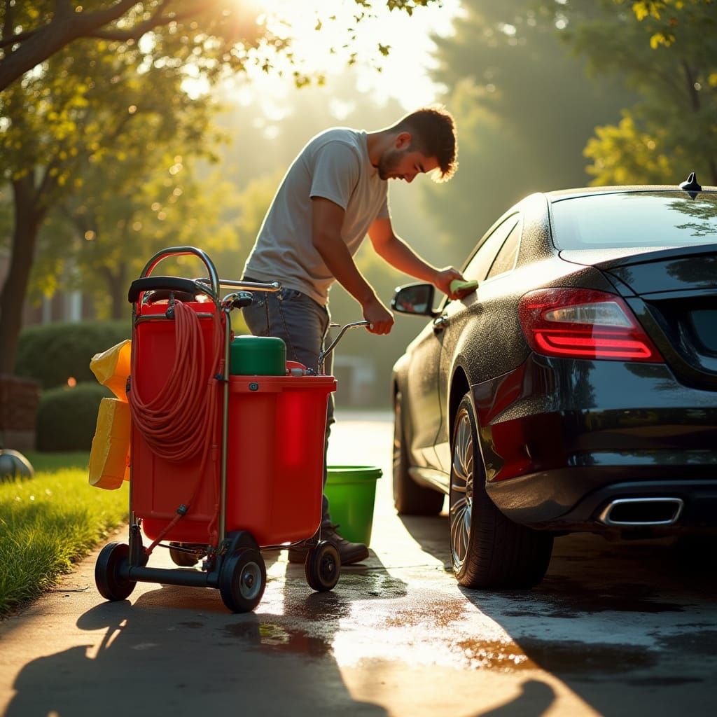 Mobile Cleaning Cart on Driveway, Cinematic Film Style