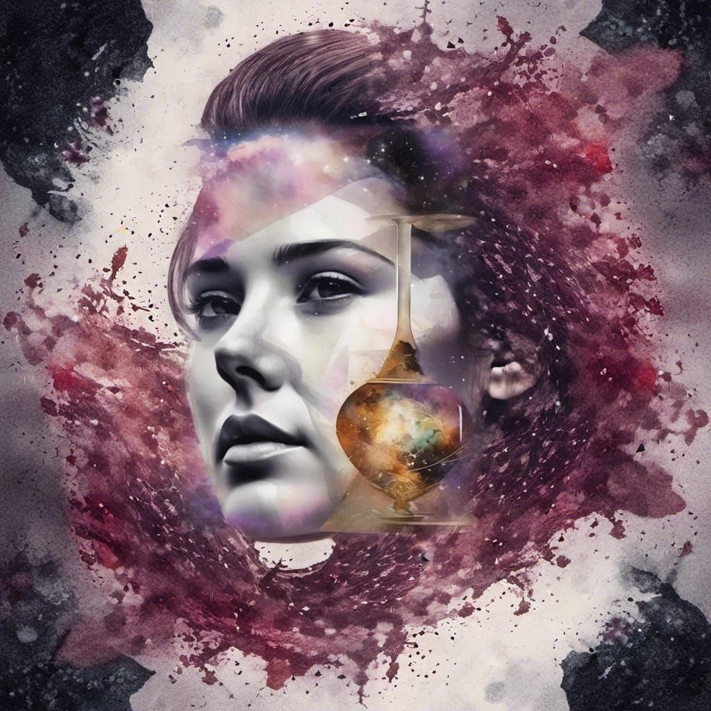 Galactic Hourglass Portrait in Watercolour Double Exposure