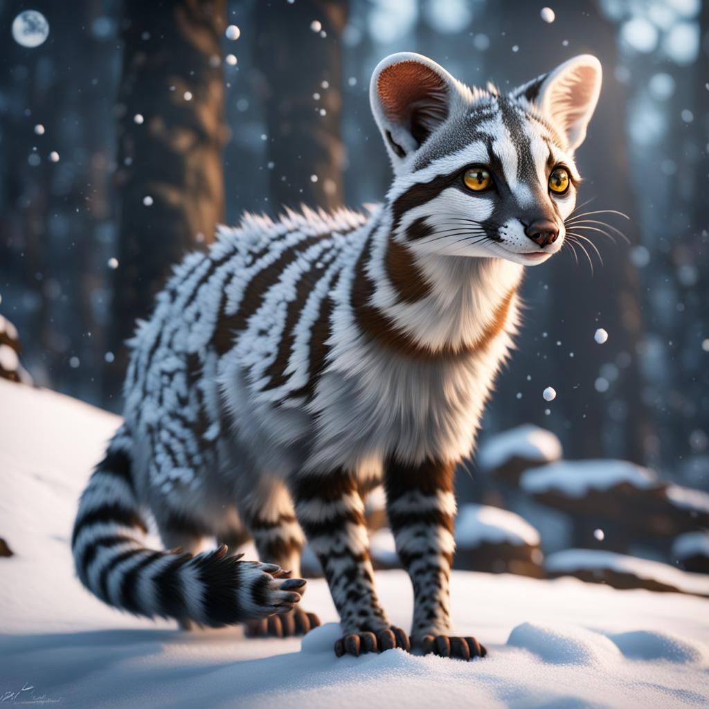 Snow-Frosted Genet in 3D Game Cinematic Style