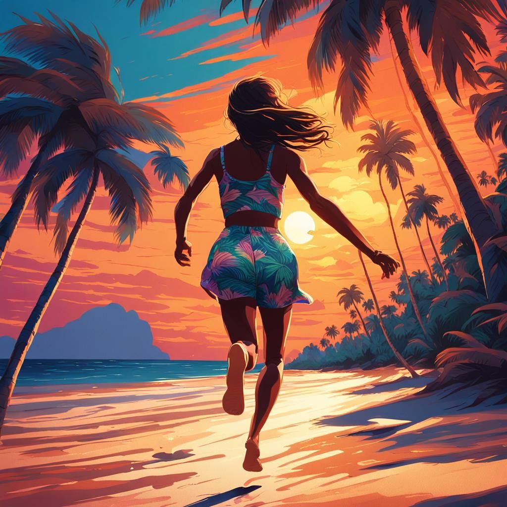 Vibrant Tropical Night Beach Scene in the Style of Impressio...