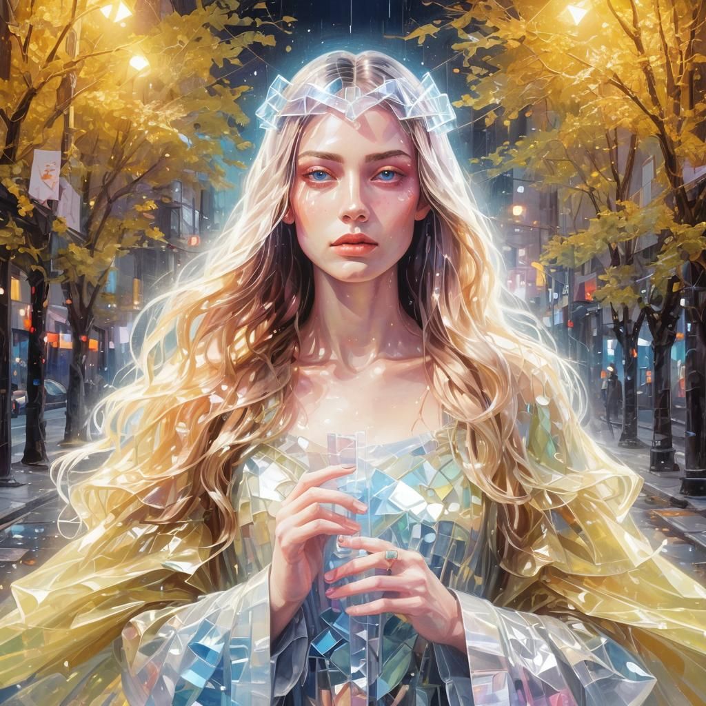 Glass Figure in Neon Cityscape: Surrealist Oil Painting