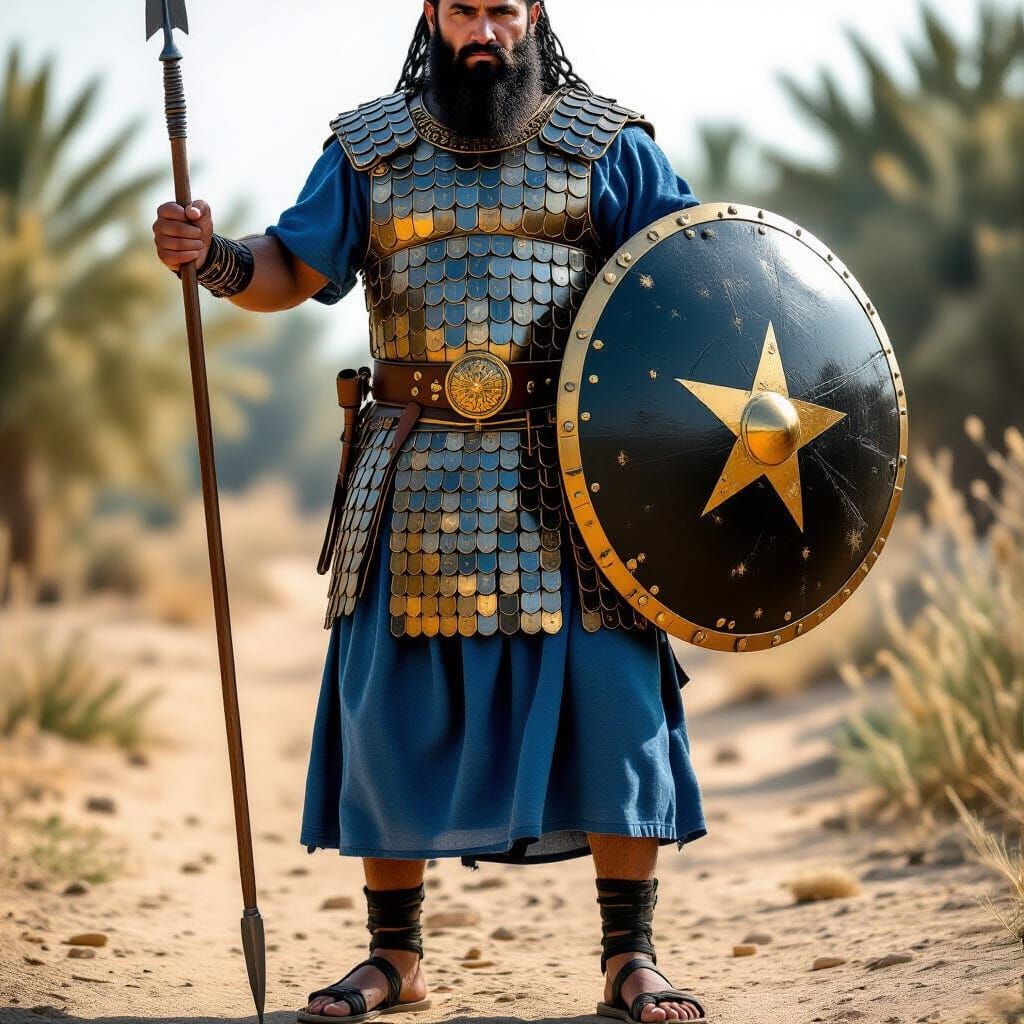 Ancient Assyrian Soldier in Scale Armor with Spear and Shiel...