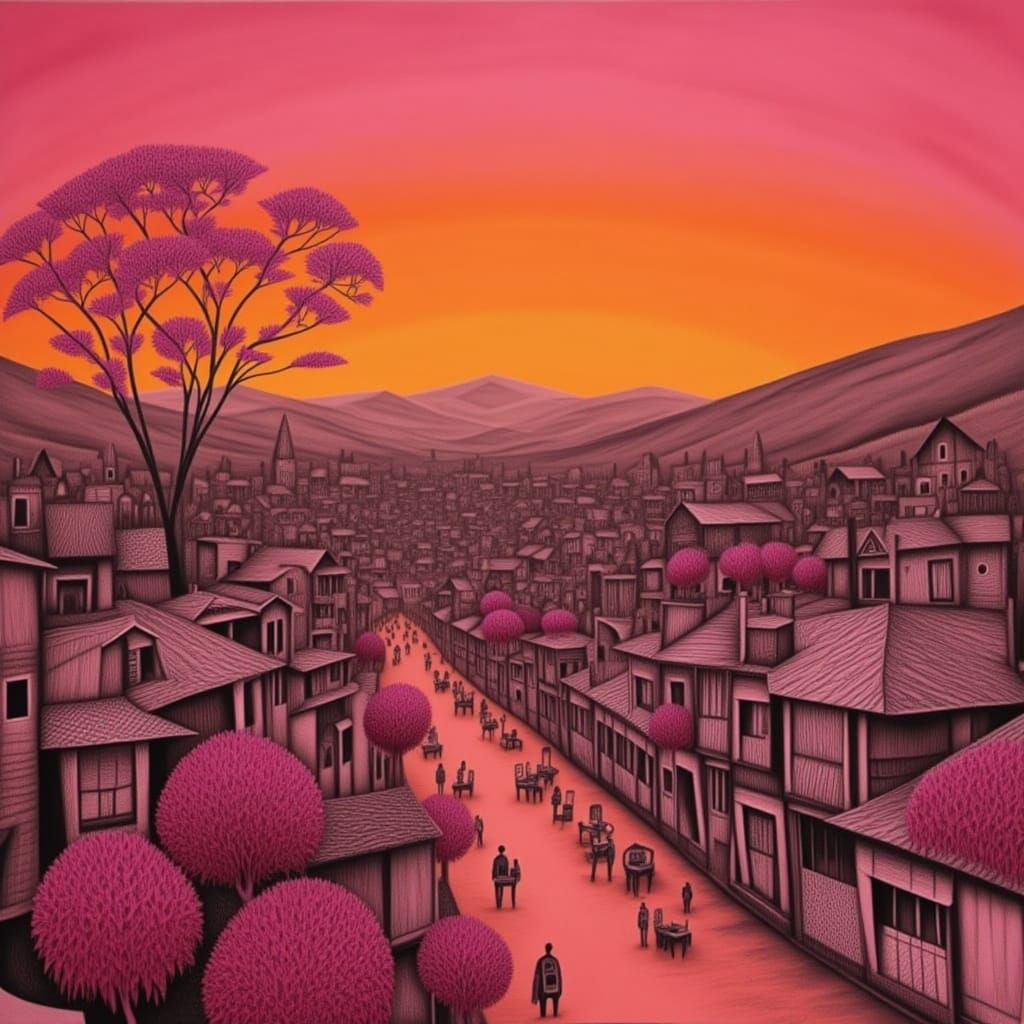 Orangy-Pink Padparadscha Sunset Over Small Town