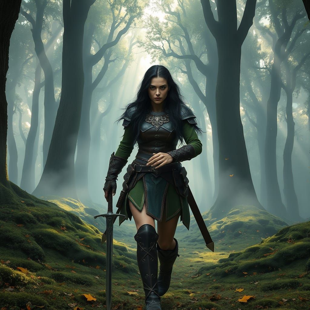 Fierce Warrior in Misty Enchanted Forest