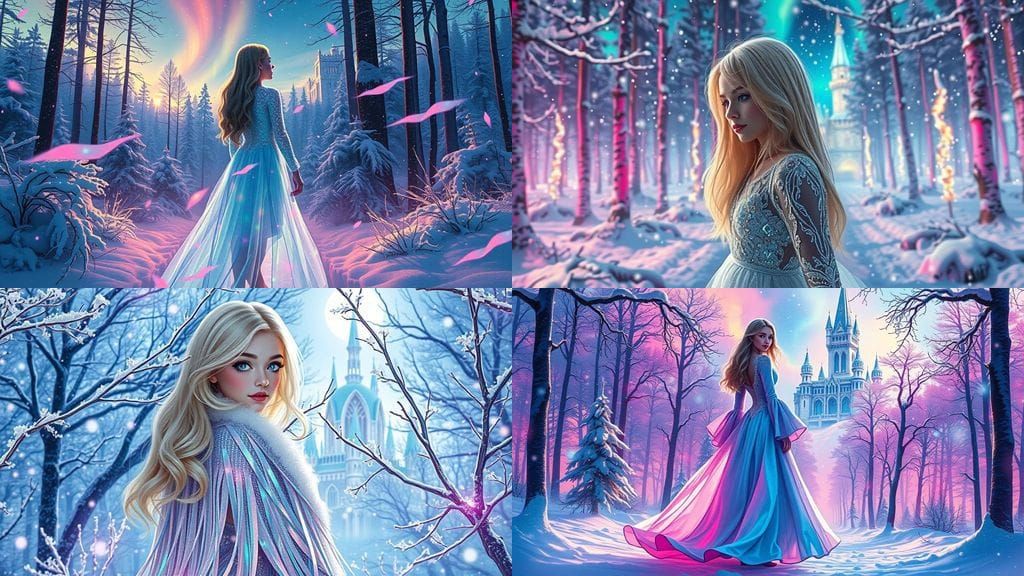 Mystical Girl Walks Through Crystal Snow in Neon-Lit Forest