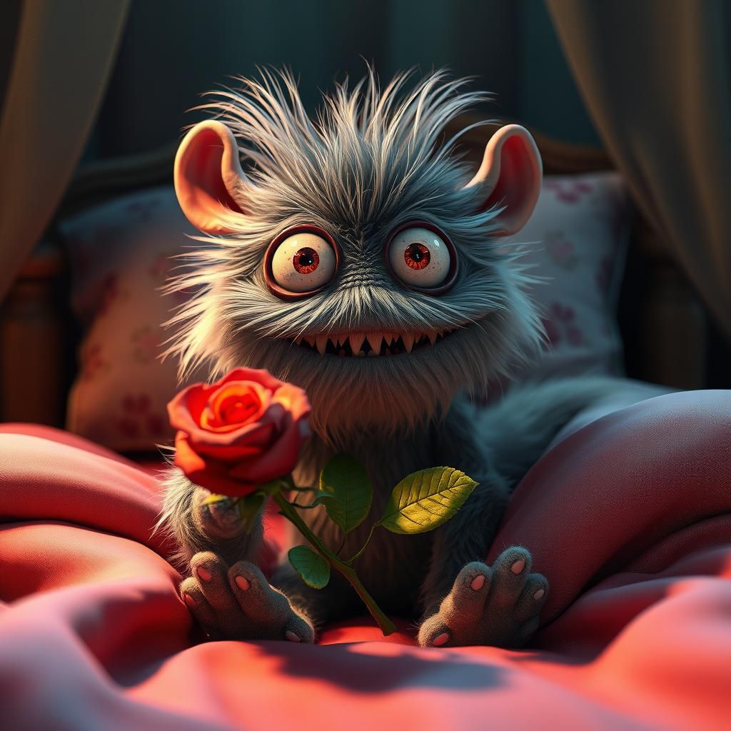 Cute Fuzzy Monster Offers Rose: 3D Game Art