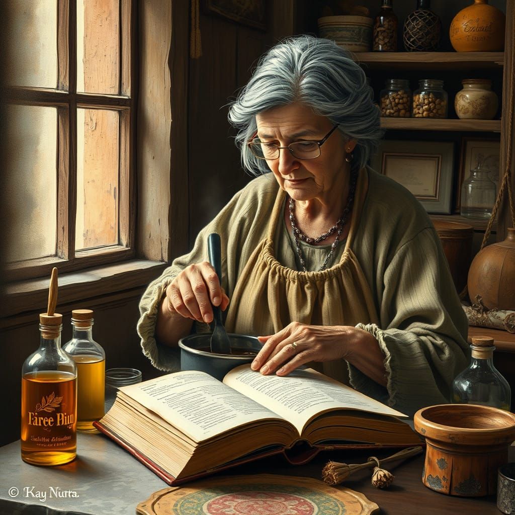 Ancient Herbalist Preparing Natural Remedy in Traditional Se...