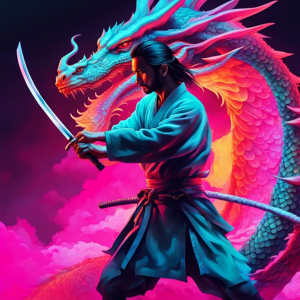 Samurai and Dragon in Neon Realism Style