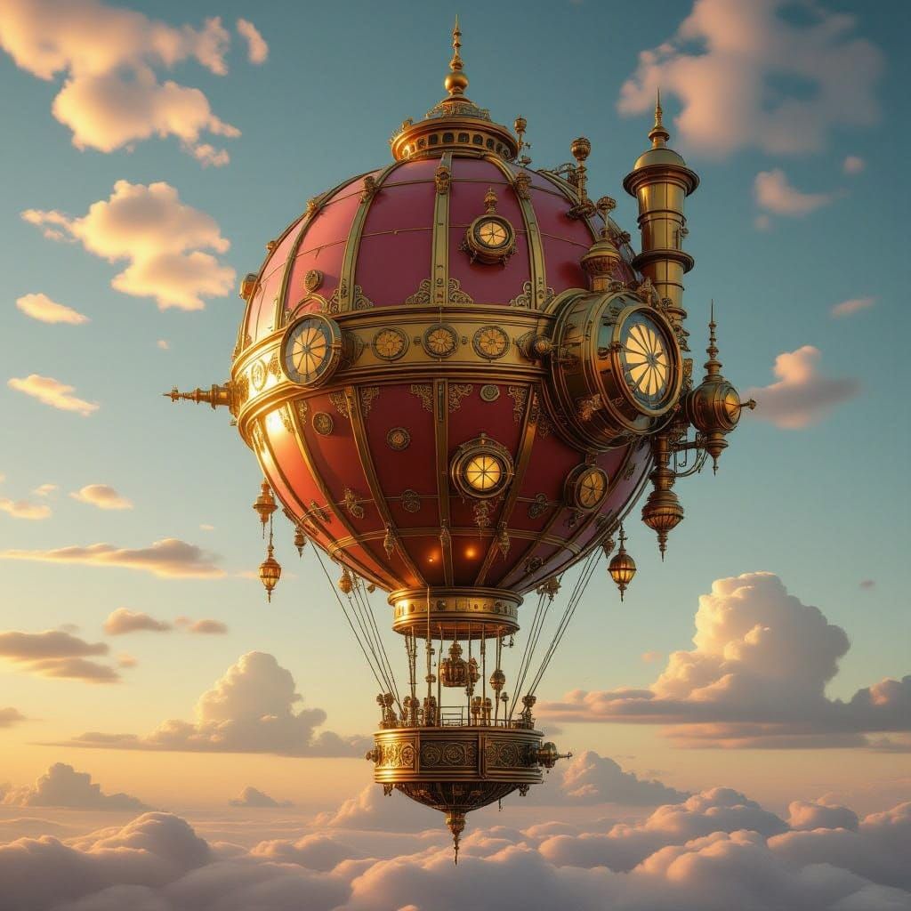 Steampunk Air Balloon House in Rose and Gold Sky