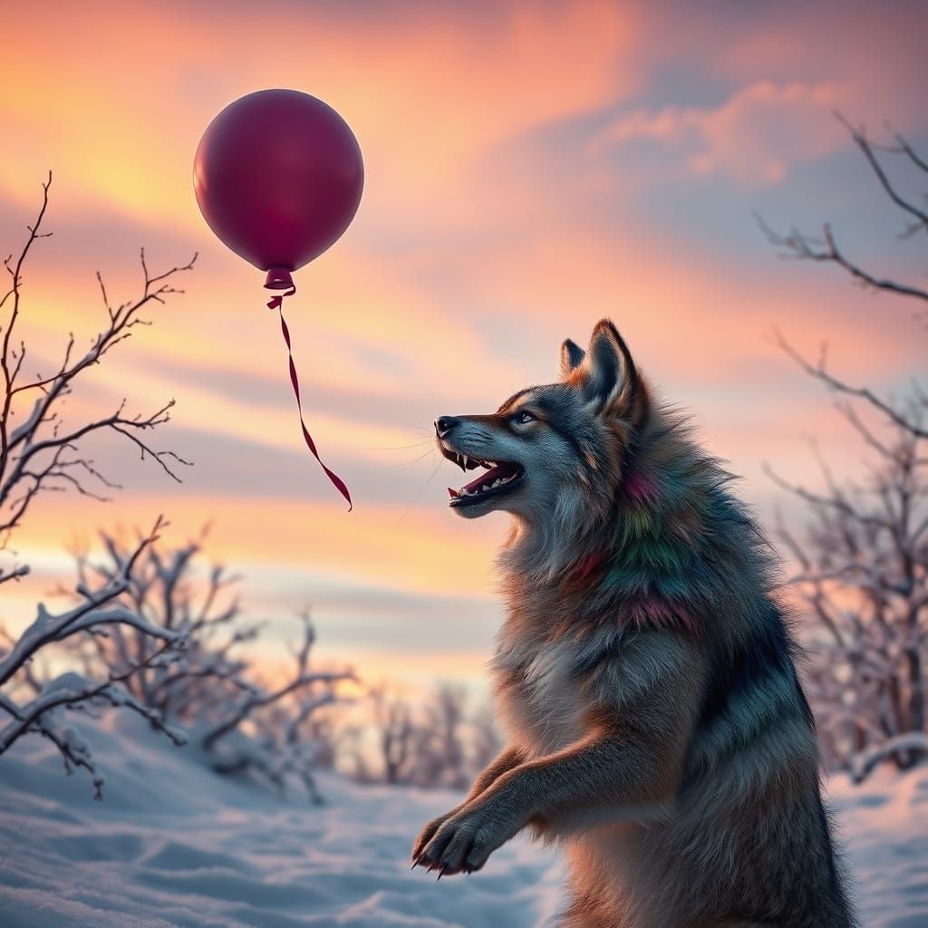 Multicolored Werewolf Plays Ball in Enchanted Winter Landsca...