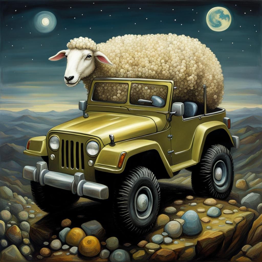 Toy Sheep Drives Jeep: Surrealist Fantasy Art