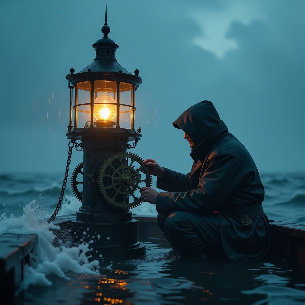 Lighthouse Keeper Calibrating Clockwork in Stormy Seas