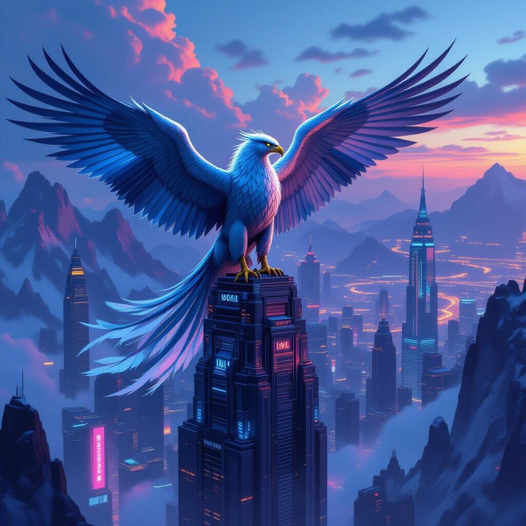 Griffin Perched on Cyberpunk Skyscraper in Digital Painting