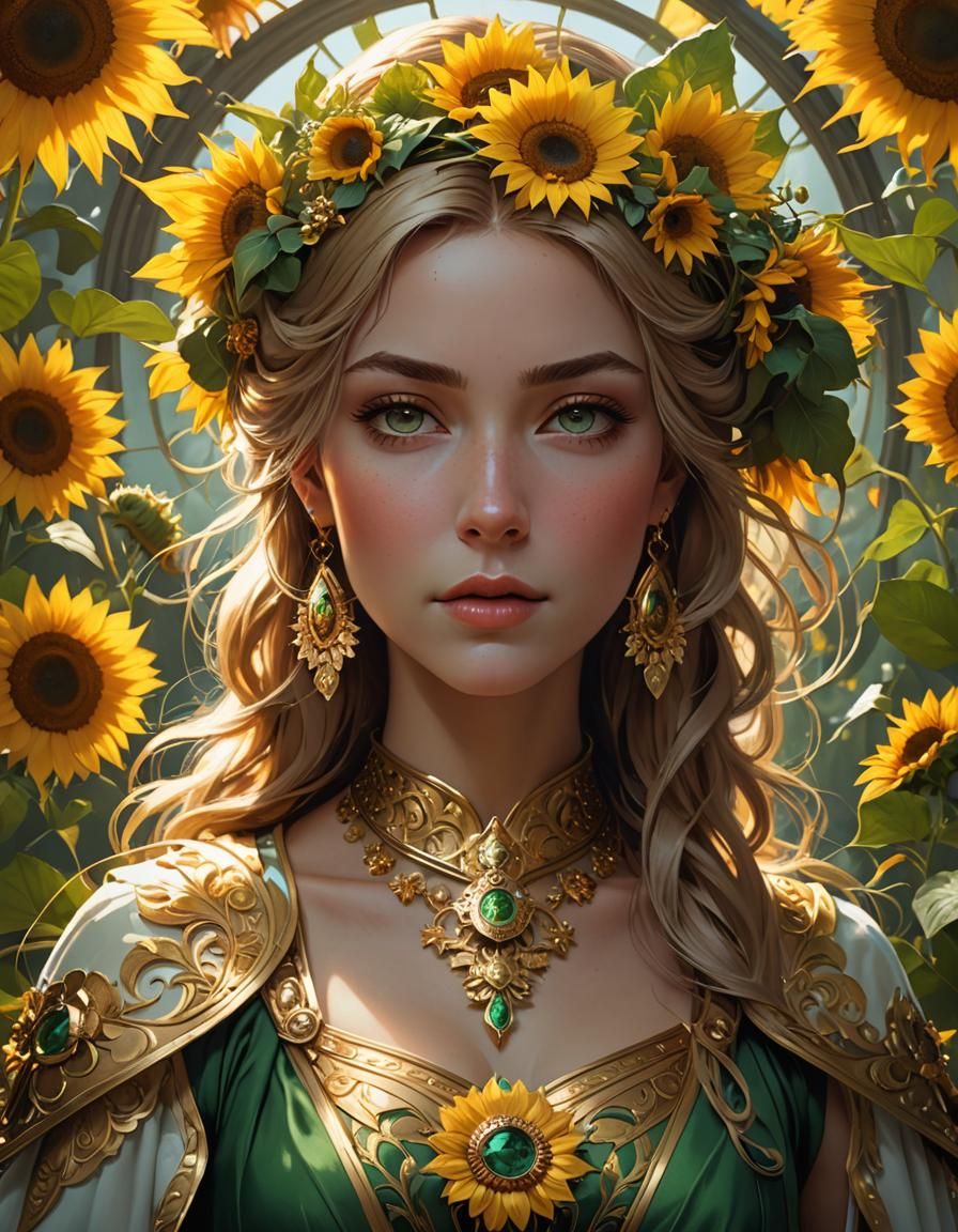 Irish Princess with Sunflower, Art Nouveau Portrait