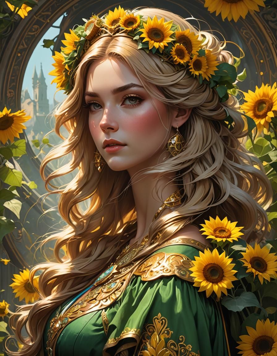 Irish Princess with Sunflower: Art Nouveau Portrait