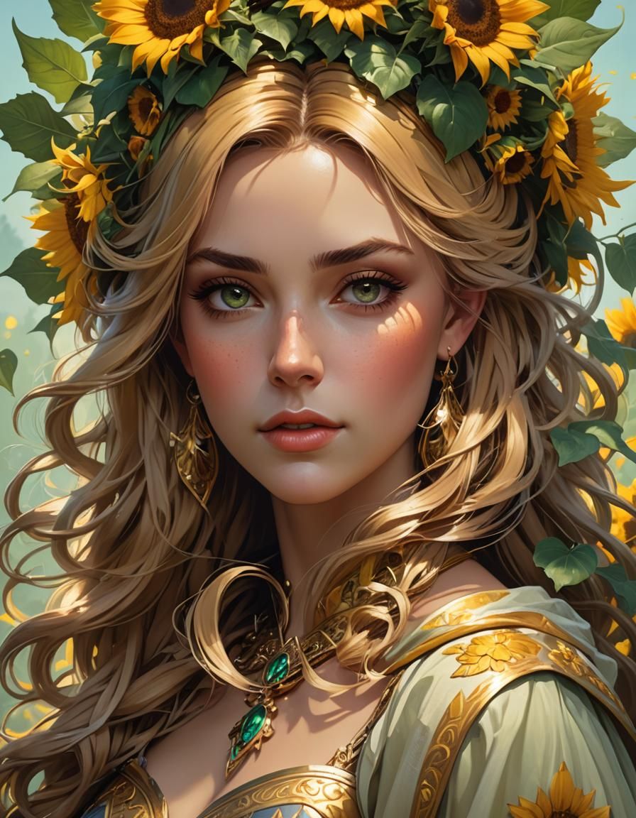 Irish Princess with Sunflower, Art Nouveau Portrait