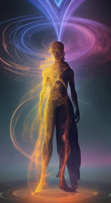 Ethereal Human Form in Vibrant Aura Field