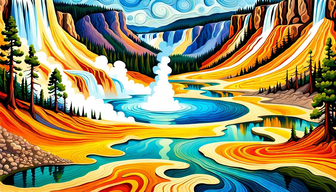 Yellowstone Park with Dinosaurs: Neo-Impressionist Painting