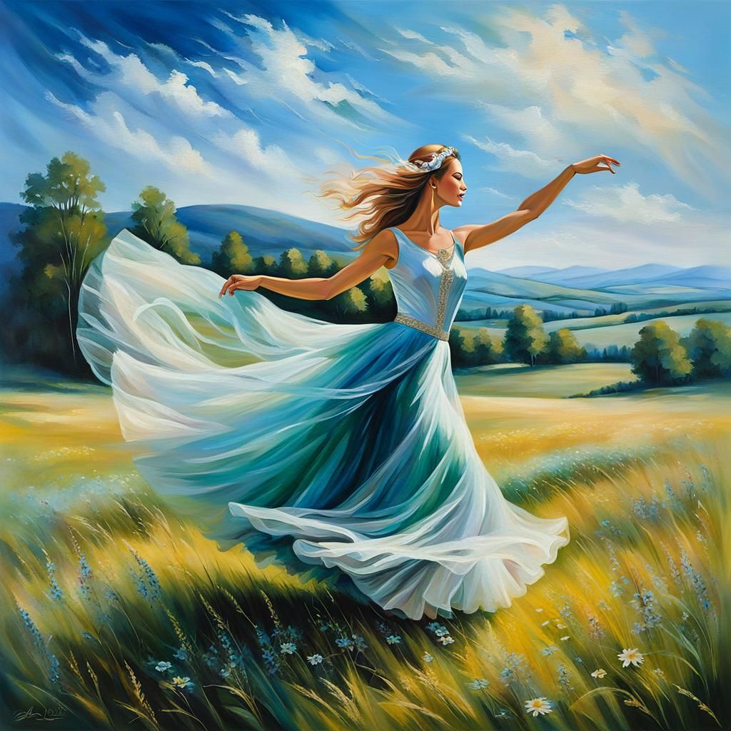 Renaissance Woman Dancing in Meadow with Flowing Tulle