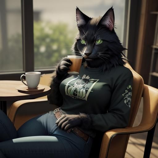 Furry Cat Girl Enjoying Cider, 3D Rendered