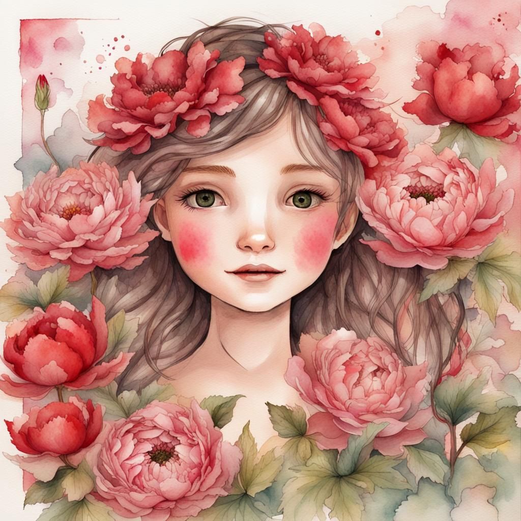 Girl with Peonies on Journal Page, Watercolor Style