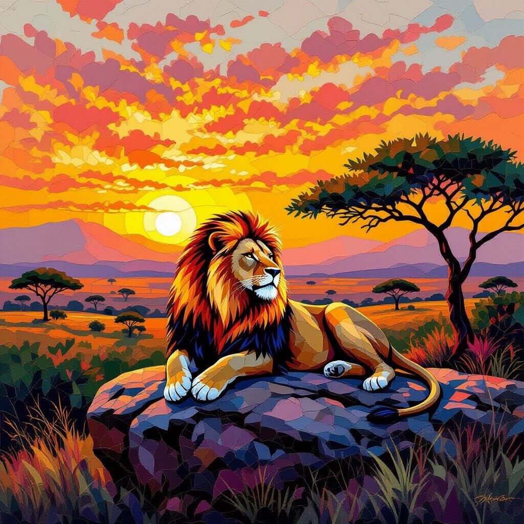 Glass Bead Lion Overlooking African Sunset