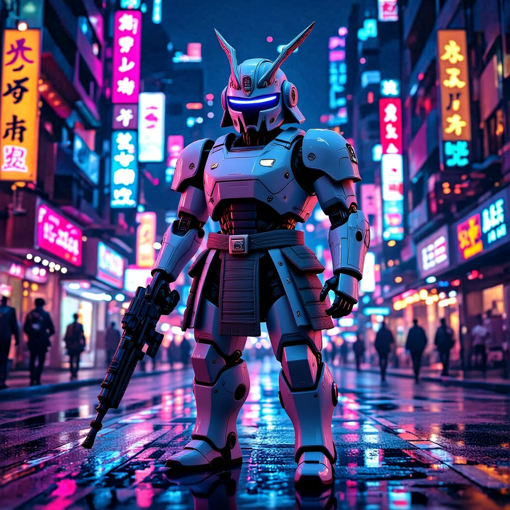 Ashigaru Police Robot in Cyberpunk City
