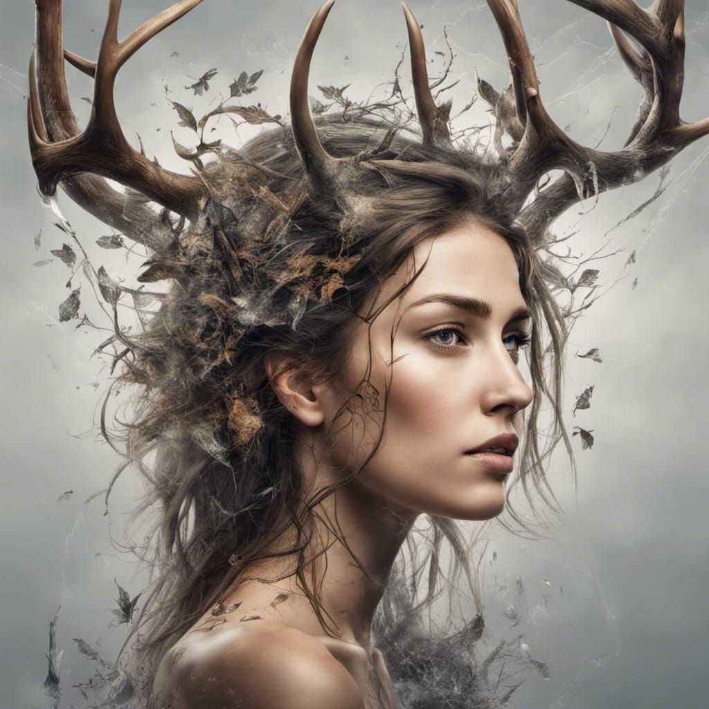 Shattered Woman with Antlers in Hyperrealistic Style