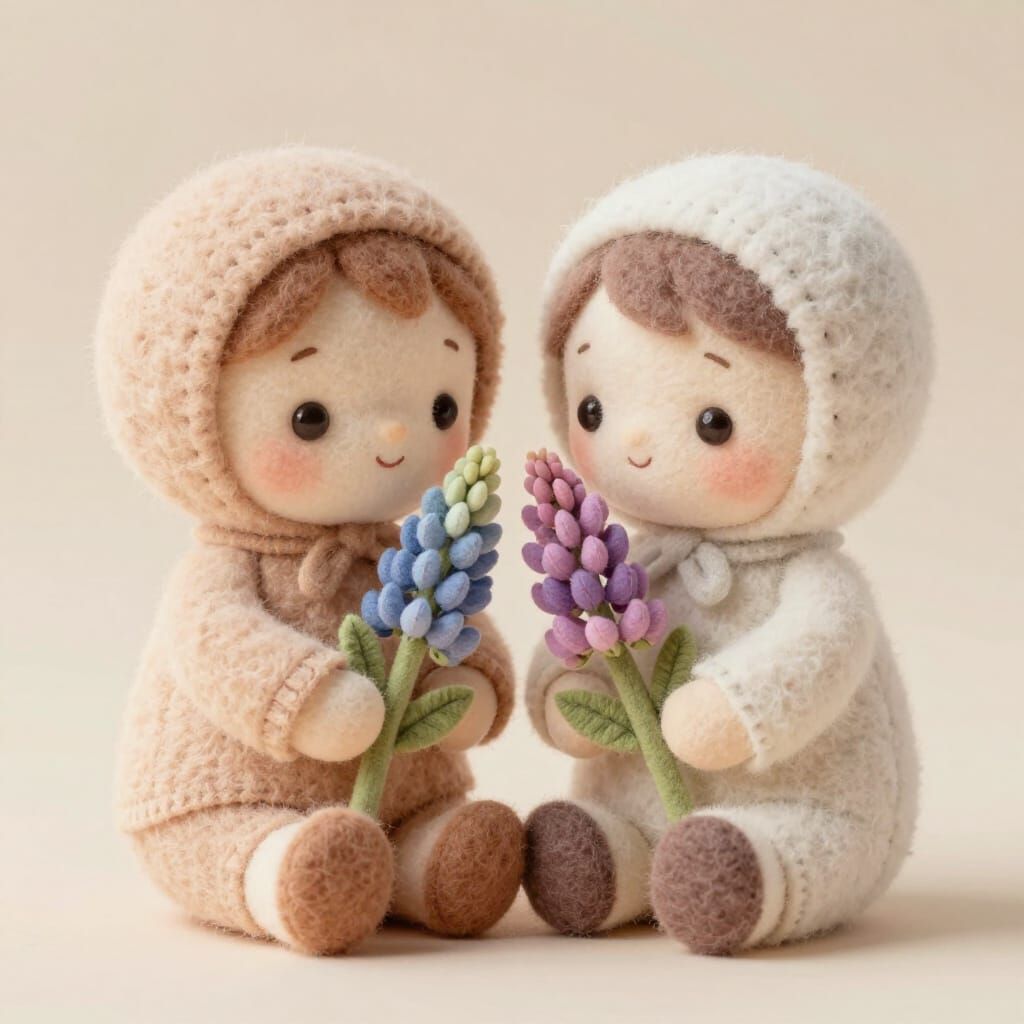 Cute Plush Figures Holding Lupine Flowers