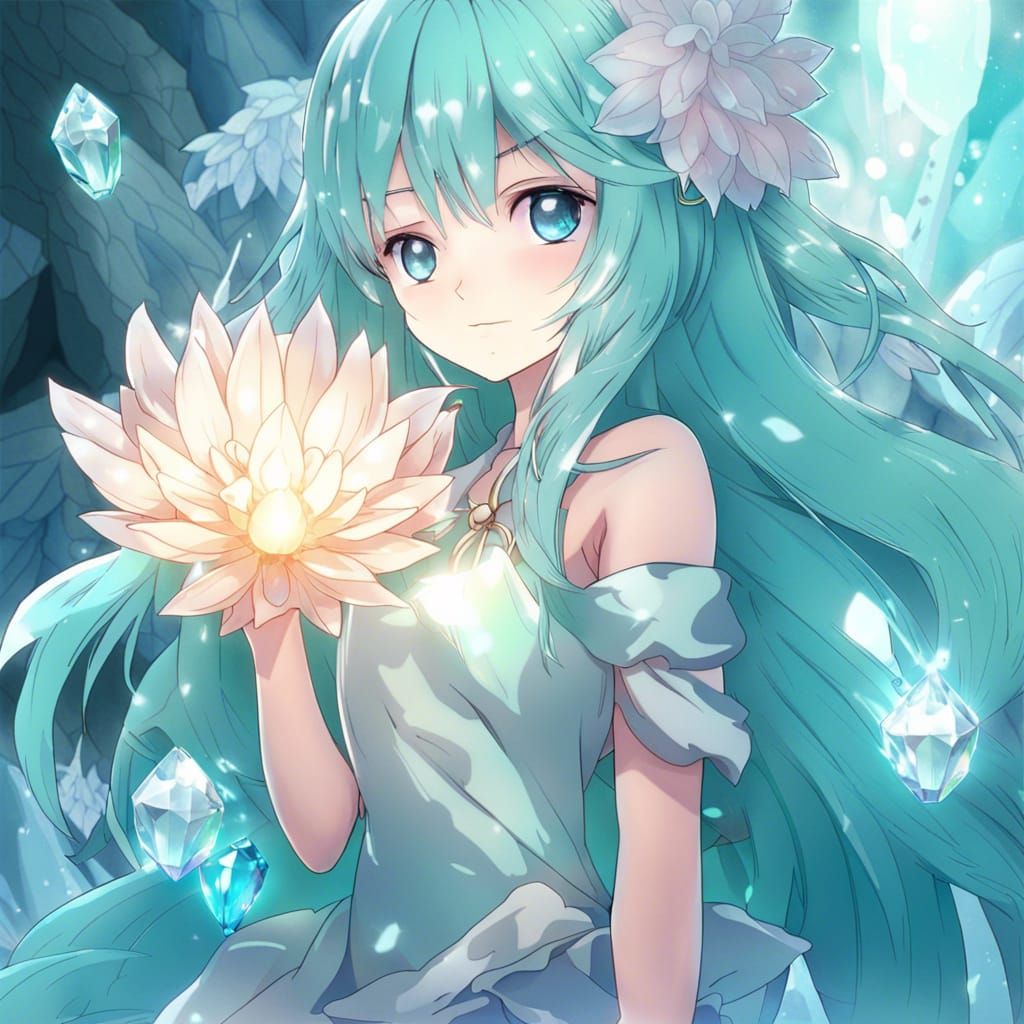 Girl with Aquamarine Crystal in Anime Style