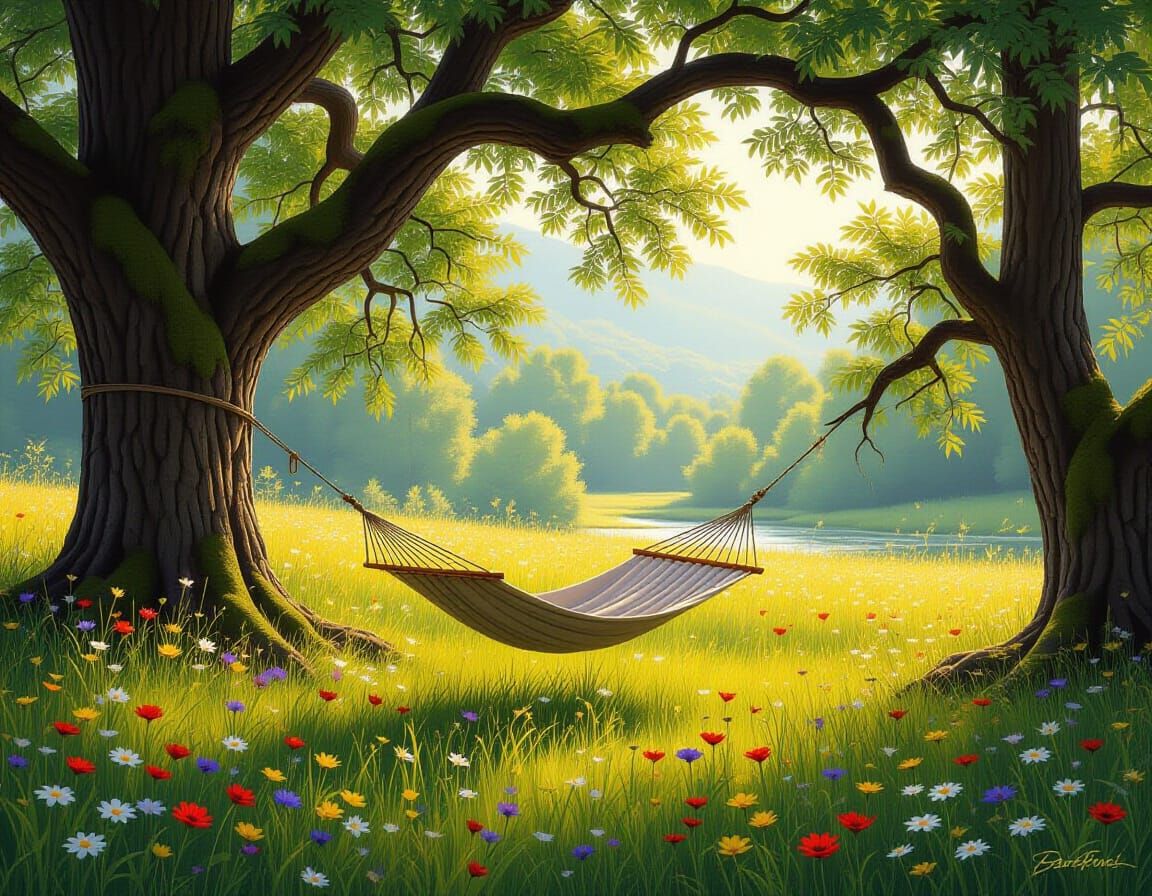 Sun-Drenched Meadow Hammock in Realistic Painting Style