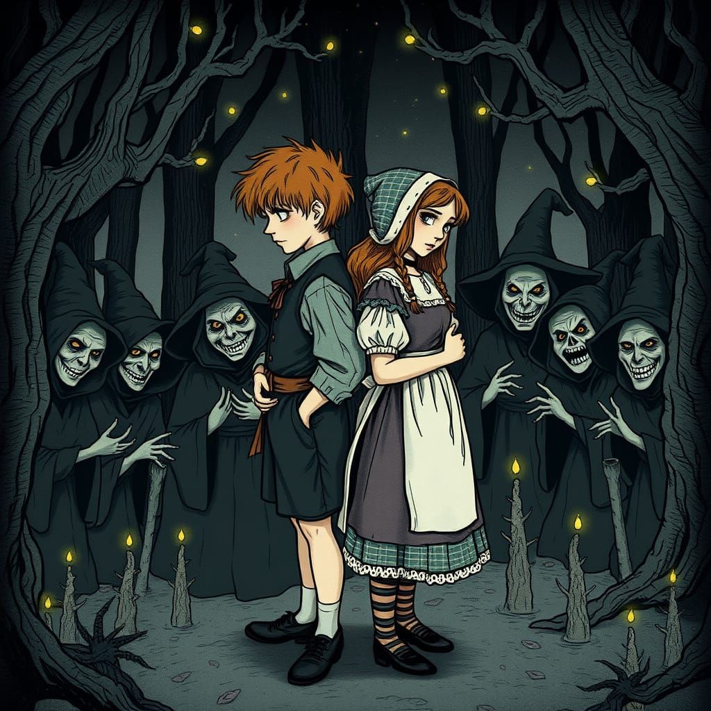 Whimsical Witches Ensnare Hansel and Gretel in Dark Forest