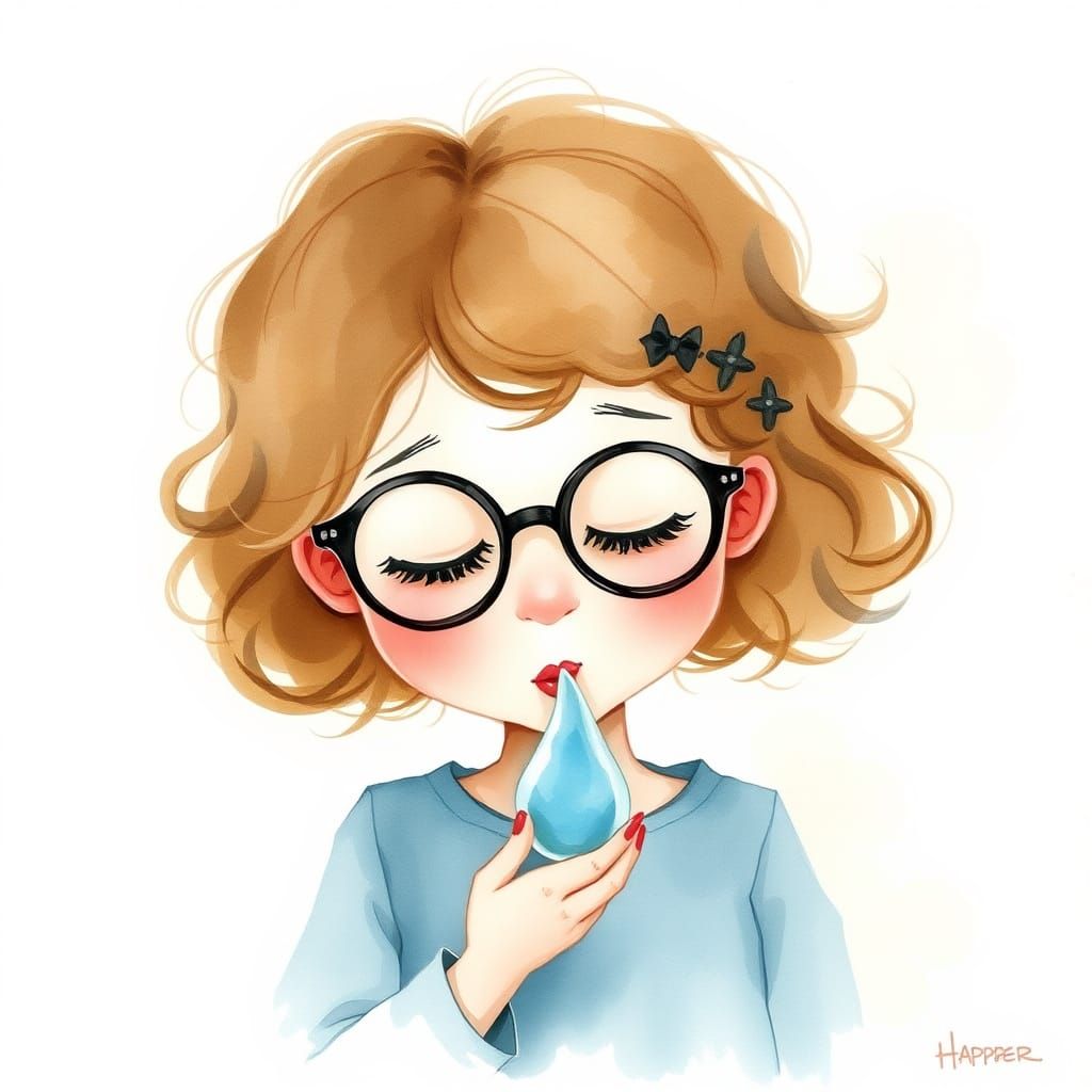 Dreamy Watercolor Portrait of a Young Girl Kissing a Water D...