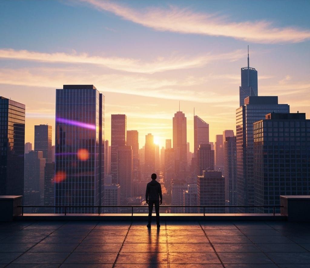 Cinematic Sunset Over City Skyline