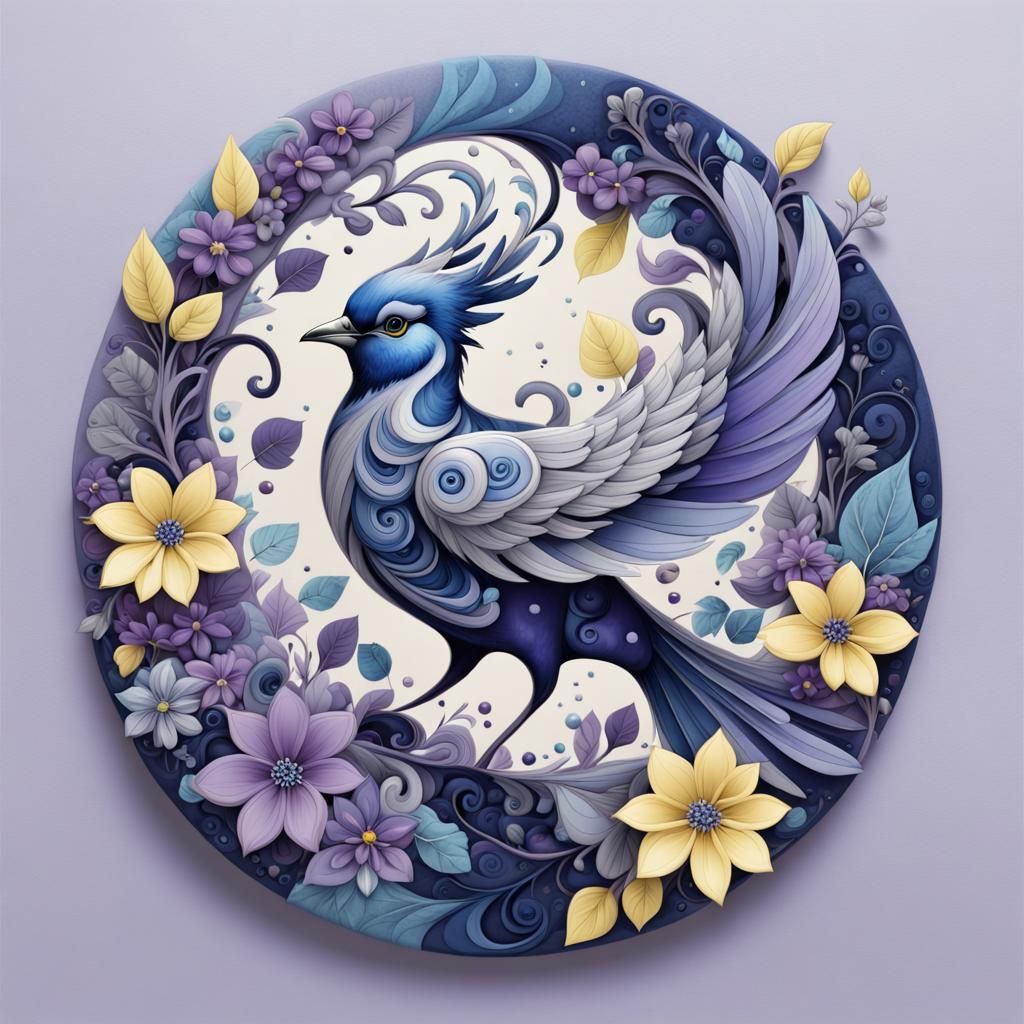 Fantasy Bird in Floral Circle with Blue and Lilac Shades