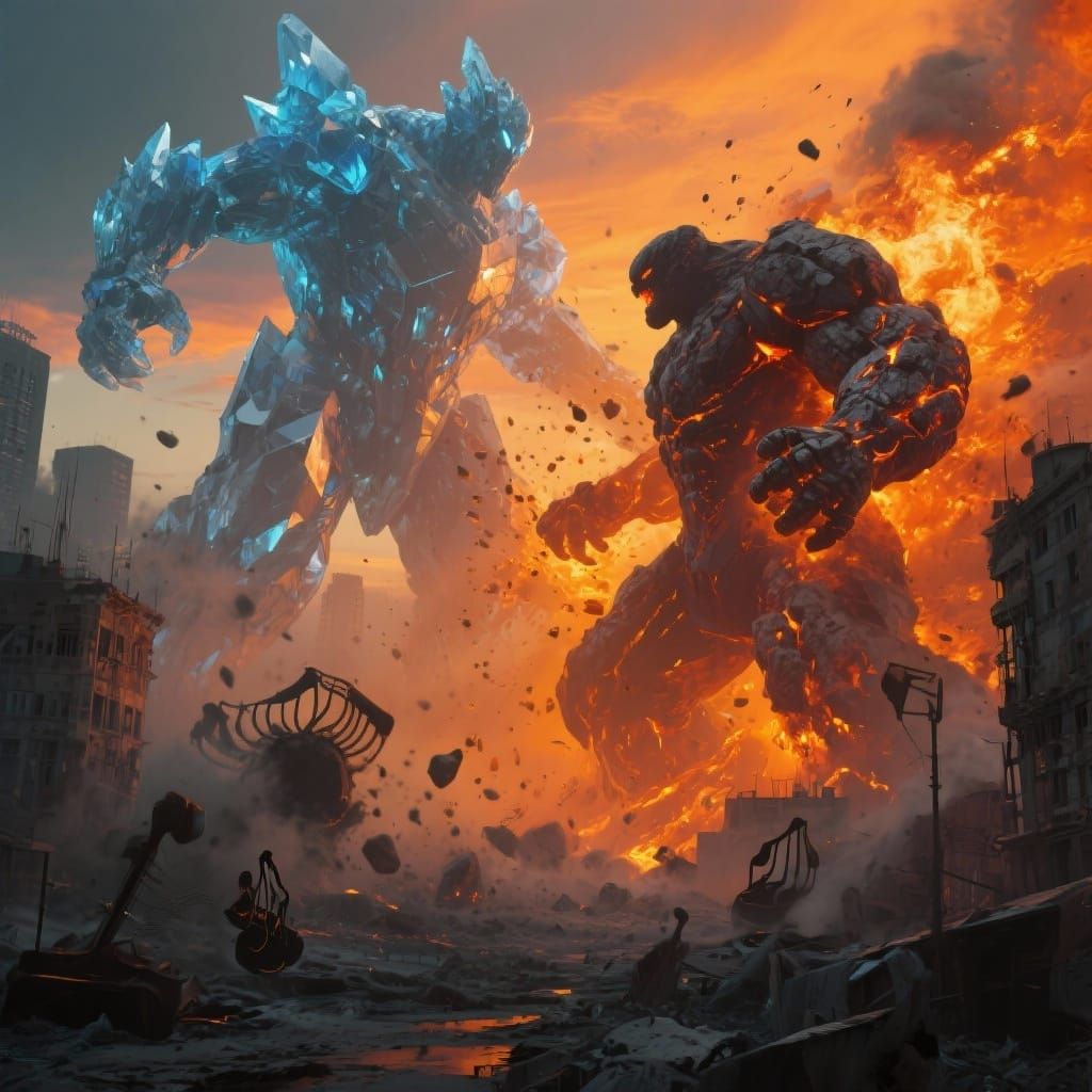 Cinematic Titan Battle in Ruined City