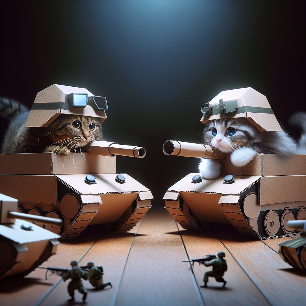 Hyperrealistic Cats in Cardboard Tanks Face Off