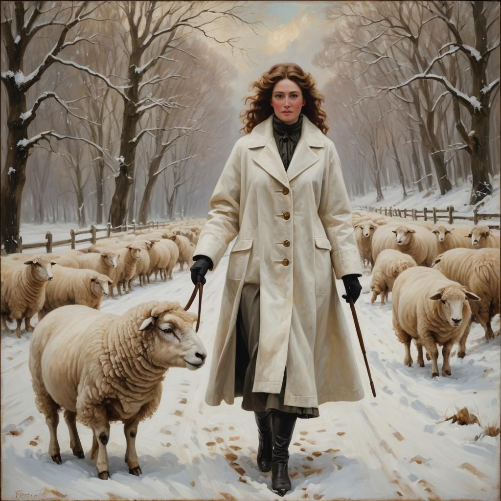 Victorian Woman and Sheep in Snowy Portrait