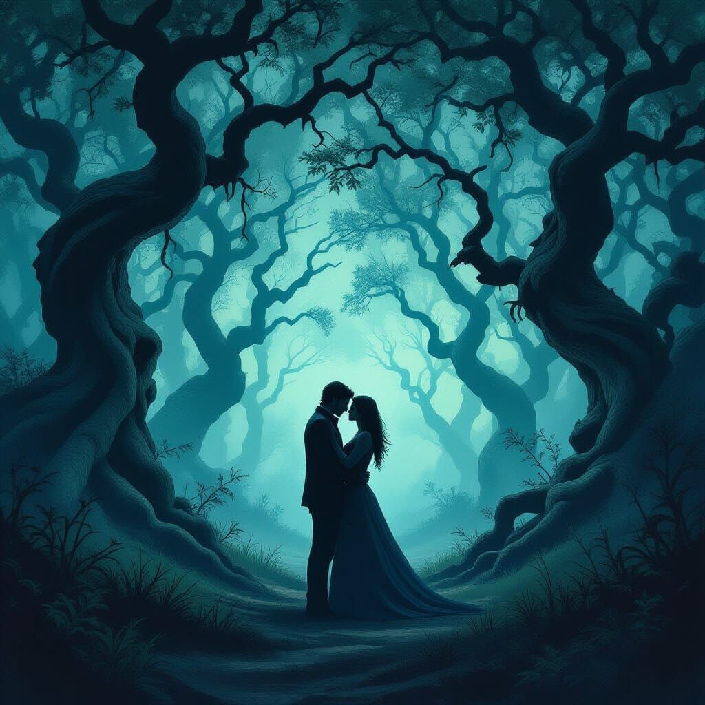 Lovers Embrace in Mystical Forest, Dreamlike Landscape