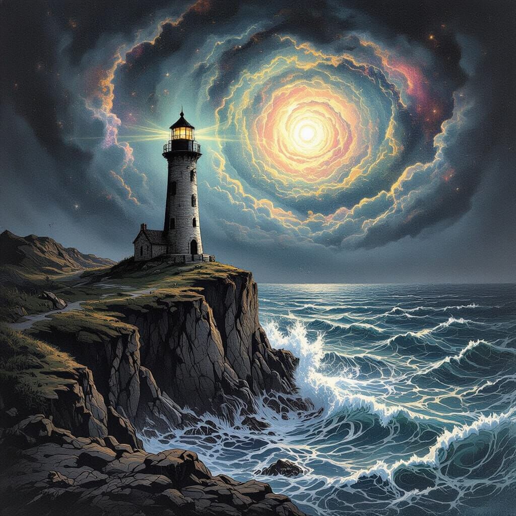 Ancient Lighthouse on Cliff Edge in Bioluminescent Sea