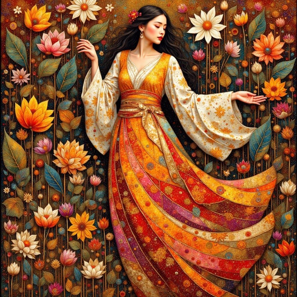 Nature Goddess in Klimt Style with Golden Patterns