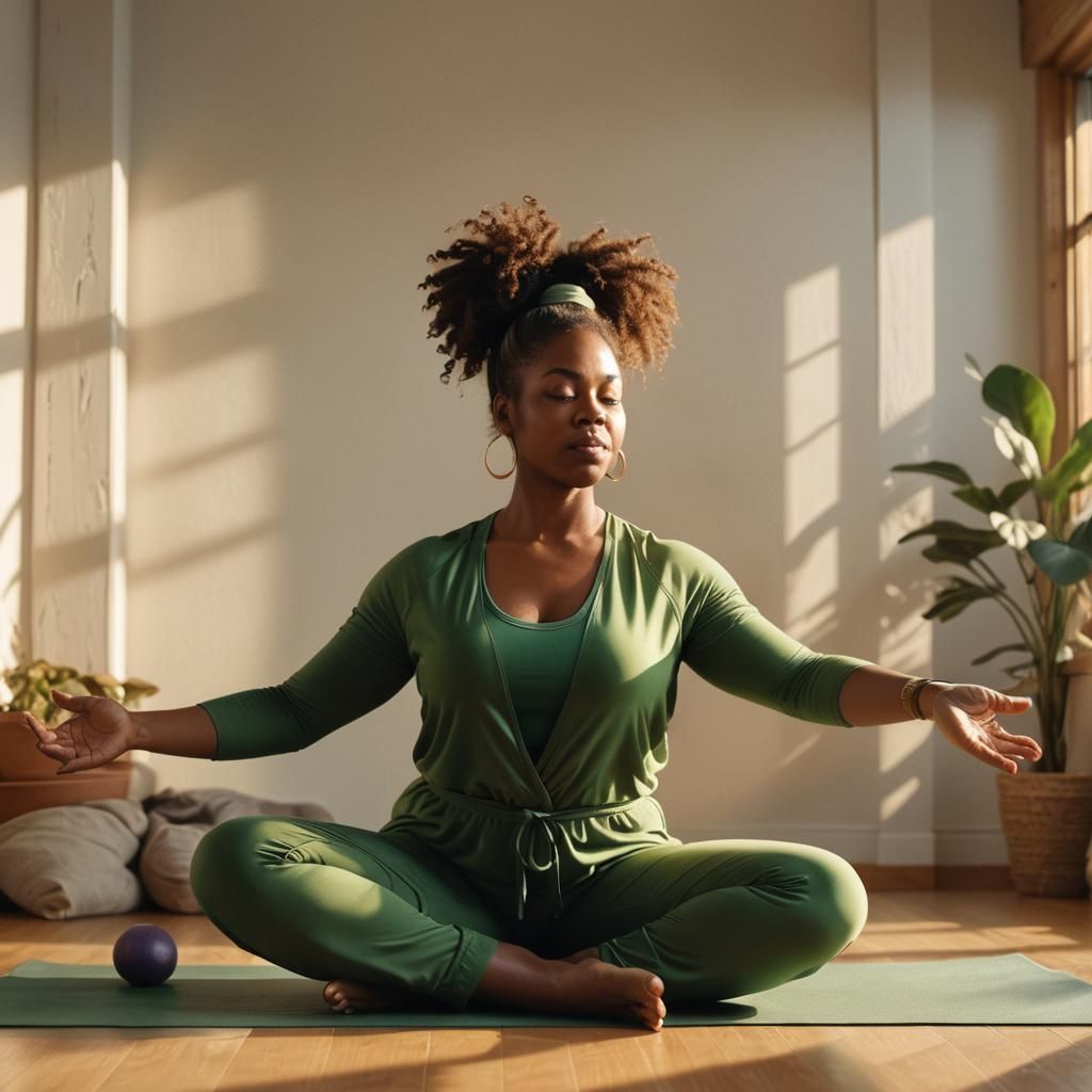 Plus Size Black Woman Doing Yoga in Sunlight