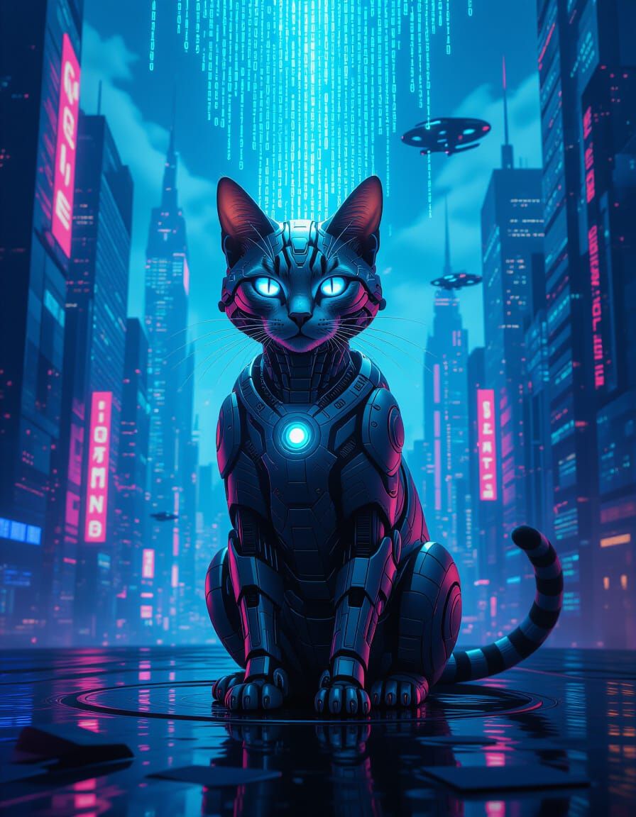 Cyborg Cat in Neon Sci-Fi Cityscape with Binary Code