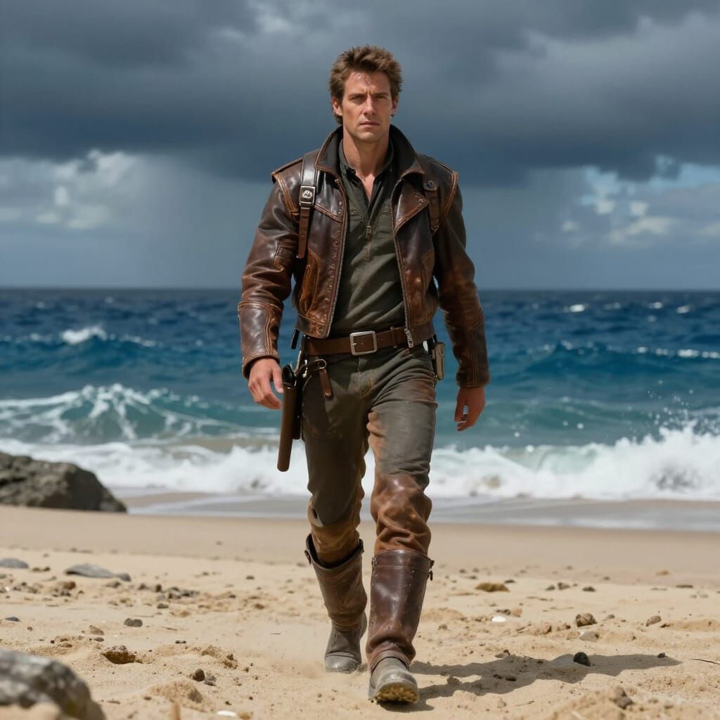 Determined Warrior Walks Toward Stormy Sea in Digital Matte ...