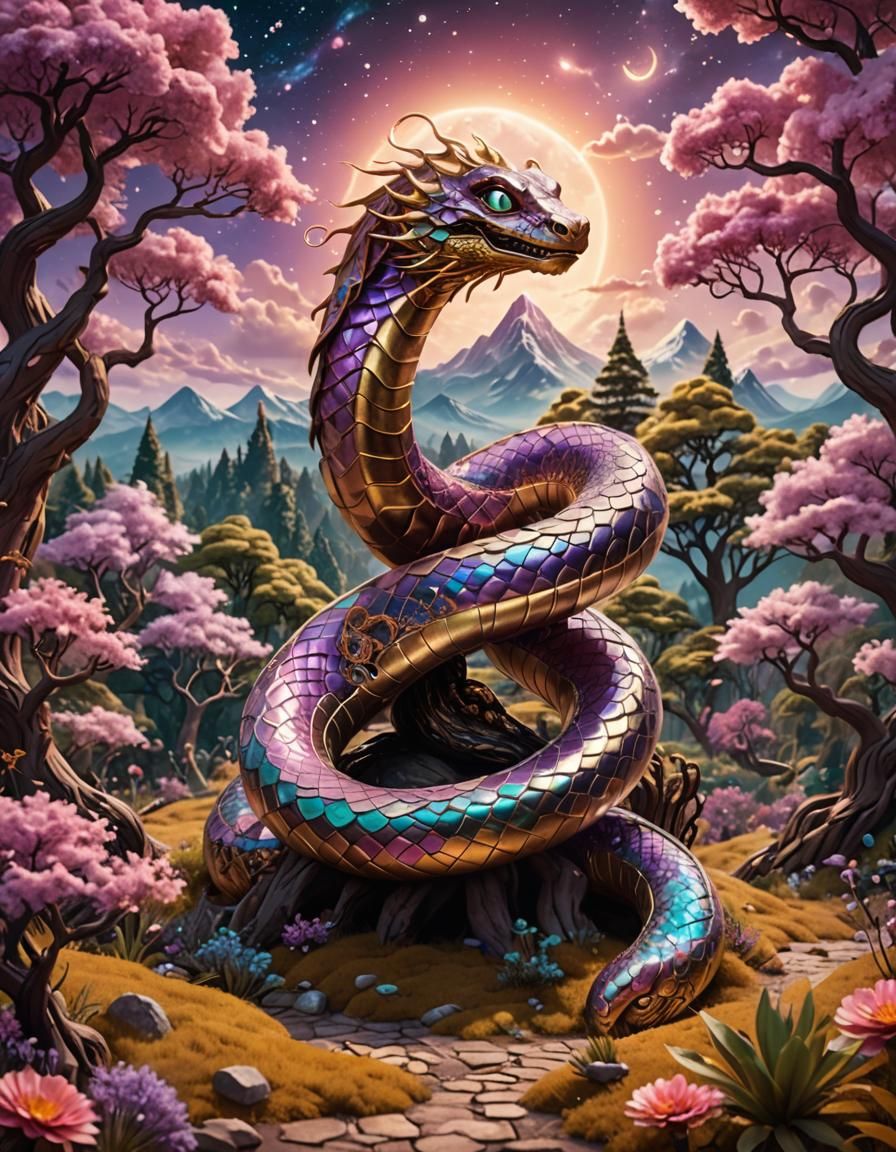Gilded Quantum Serpent in Surreal Cartoon Landscape
