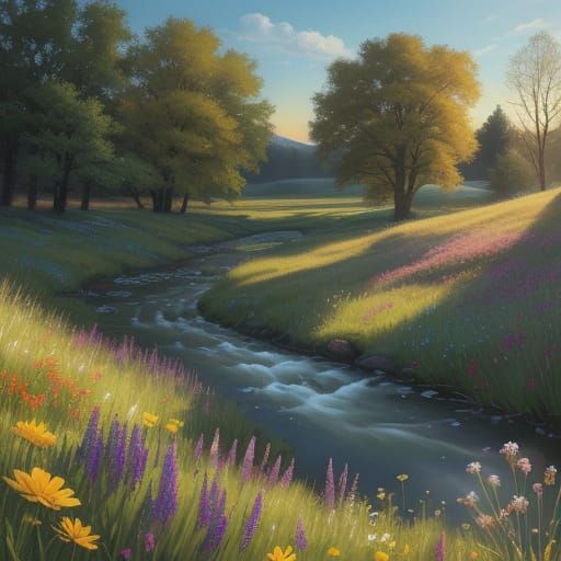 Tranquil Meadow at Golden Hour Splash Art
