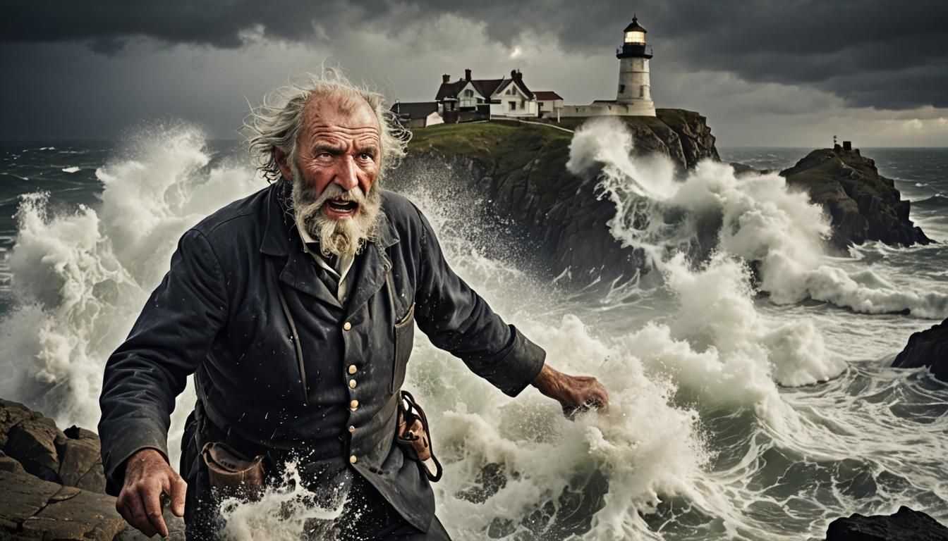 Lighthouse Keeper Portrait in Stormy Seas