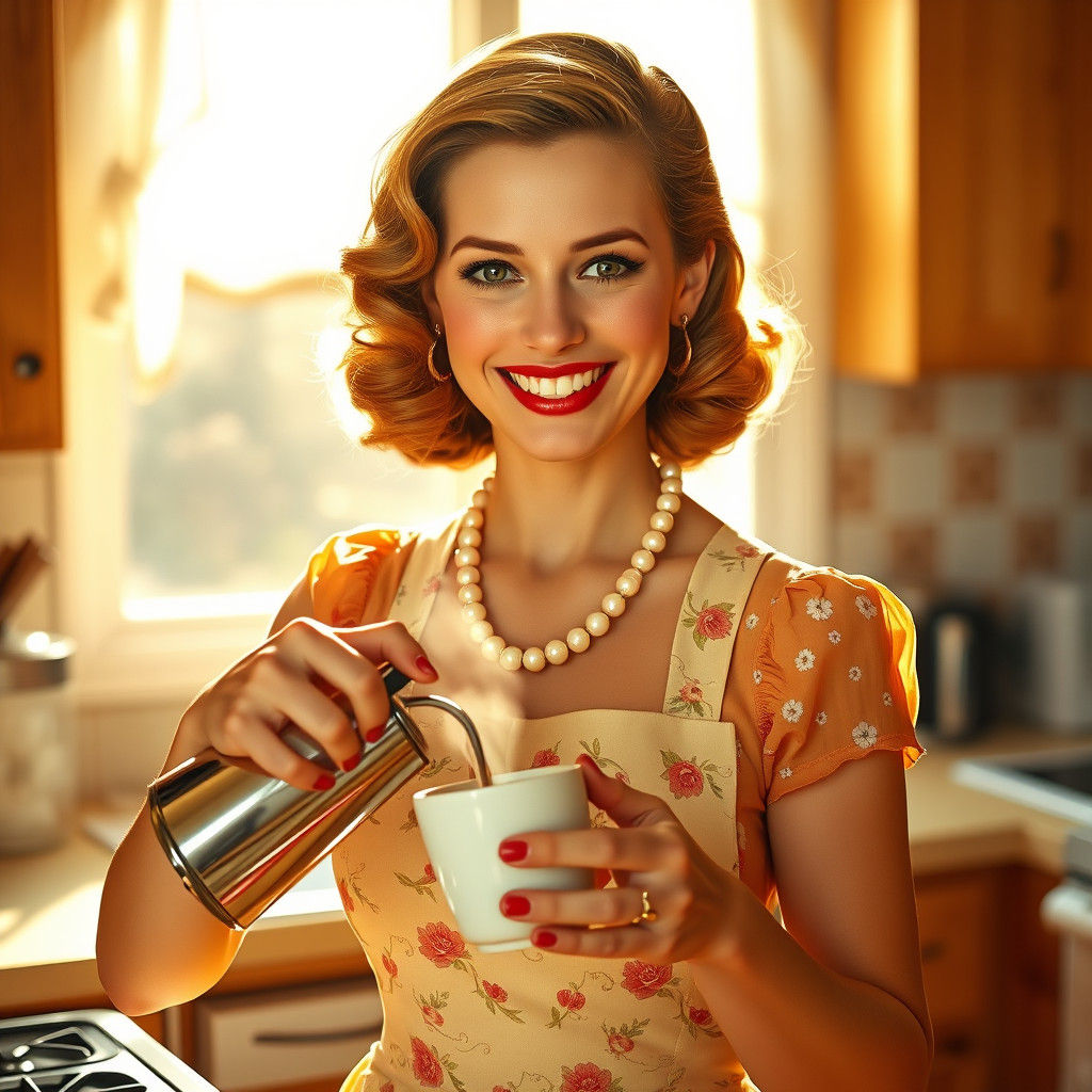 1950s Housewife Pouring Coffee on Saturday Morning