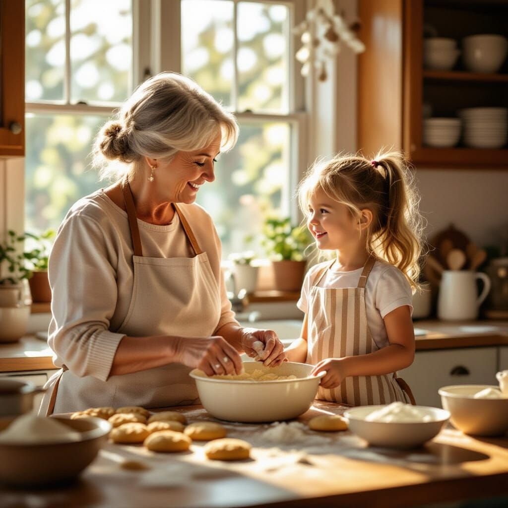 Grandmother and Granddaughter Baking Cookies in Sunny Kitche...