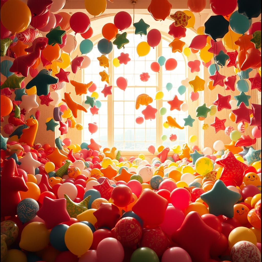 Cinematic Room Filled with Overflowing Balloons
